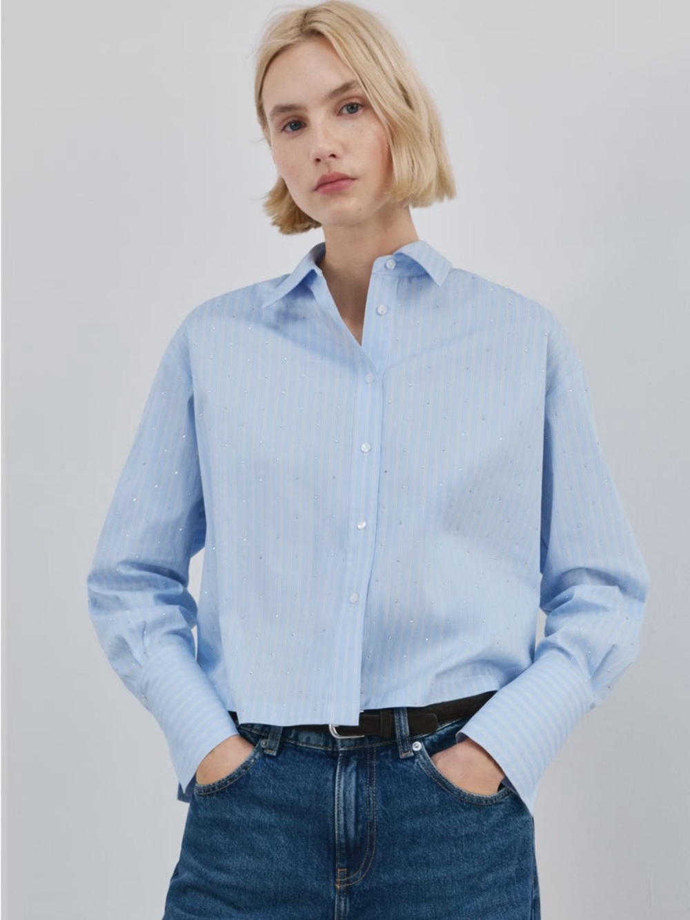 NWT (size 2) MANGO RHINESTONE STRIPED CROPPED SHIRT